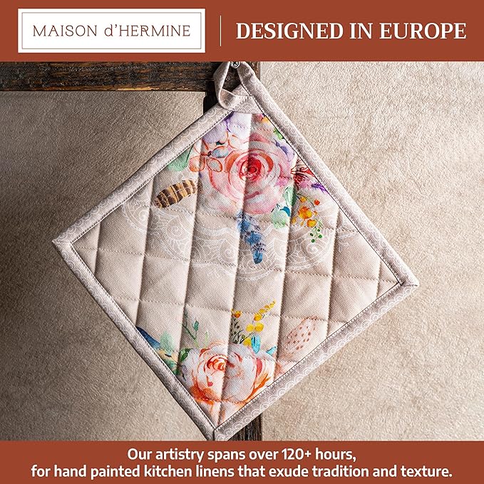 Maison d' Hermine Pot Holders 100% Cotton Heat Resistant Potholders 8" x 8" Hot Pads with Loop BBQ Cooking Baking Gifts for Mothers Day Handling Hot Pans Spring/Summer (Pack of 1, Ibiza - Beige)