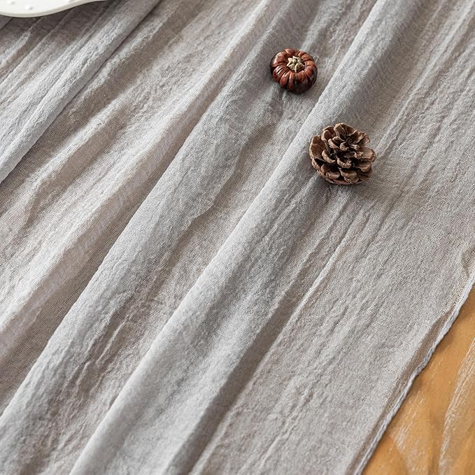Keketoarrange Grey Spring Easter Gauze Rustic Cheesecloth Table Runner 120 Inch 10 FT for Wedding Baby Shower Bridal Shower Birthday Engagement Garden Outdoor Party Long Sheer Boho Decorations