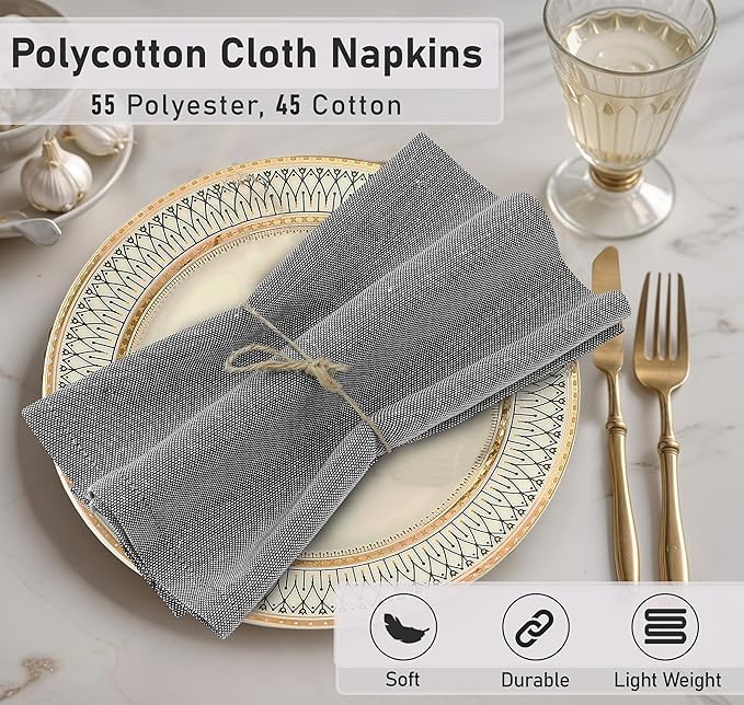 Ruvanti Cloth Napkins Set of 12, 18x18 Reusable Napkins Cloth Washable, Soft & Durable Table Napkin, Poly Cotton Fabric Dinner Napkins for Parties, Christmas, Thanksgiving, Weddings - Black Beauty