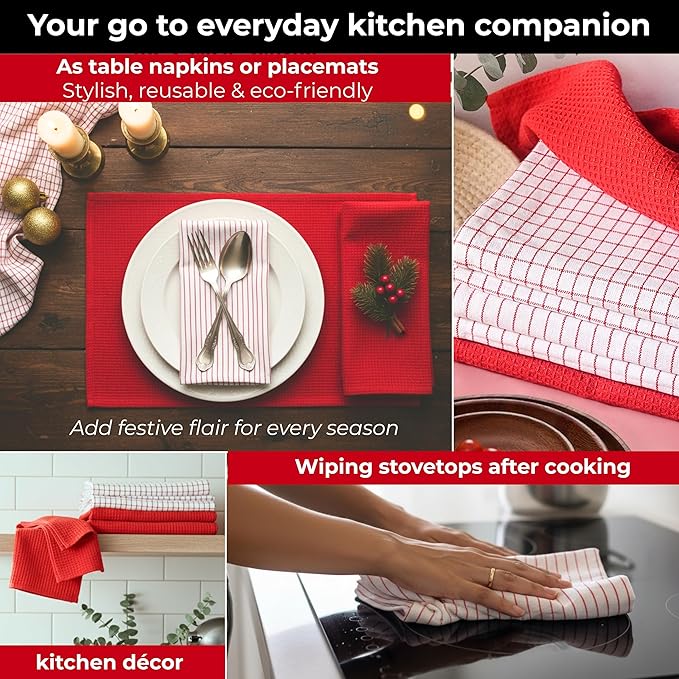 Highly Absorbent Cotton Kitchen Towels for Drying Dishes - Set of 6 Dish Towels - Narrow Red Stripes Plaid Waffle Dishtowels - 18"X28" Large Lint Free Linen Tea Hand Bulk T Towls