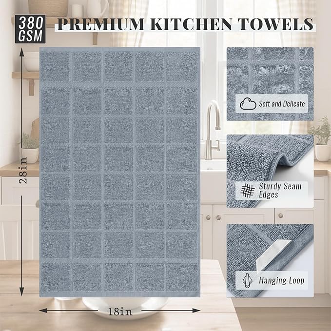 Homaxy Premium Kitchen Towels 18"x28", 4 Pack Large Cotton 380 GSM Dish Towels, Soft and Absorbent Kitchen Hand Towels with Terry Grid Design, Utility Tea Towel Set with Hanging Loop, Grey