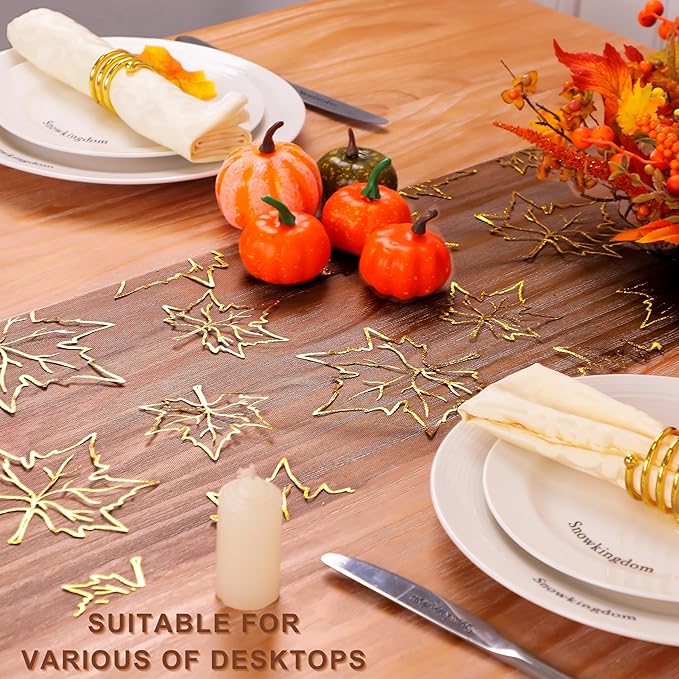Snowkingdom Fall Table Runners, Gold Maple Leaves Thanksgiving Table Decorations for Autumn Harvest Sequin Glitter Lightweight Black Thin Mesh Sparkle Farmhouse Dining Party Decor 120 Inch