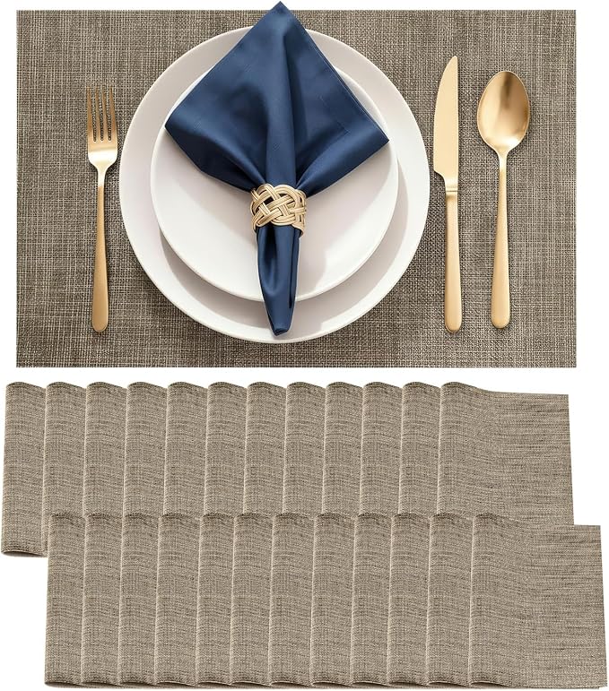 Durable Vinyl Placemats Set of 24, Non-Slip for Dining Table Mat, Heat Resistant Place Mats, Washable Anti-Slip PVC Easy to Clean Wipeable Premium Plastic Mats for Kitchen Brown