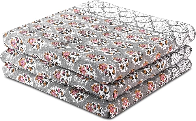 CPC Labra Grey Hand Block Print Waffle Kitchen Towel Set of 3-16 x 28 Inch Ultra Absorbent Quick Dry Cotton Dish Towels Lightweight Reusable Sustainable Tea Towels for Cleaning and Drying