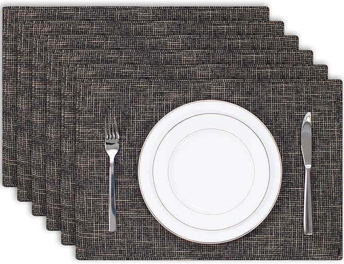 Kevin Textile Burlap Linen Placemats Set of 6 Heat Resistant Dining Table Place Mats Washable Kitchen Table Mats for Dinning Party Holiday Indoor Outdoor, 13 x19 inches, Black Gold