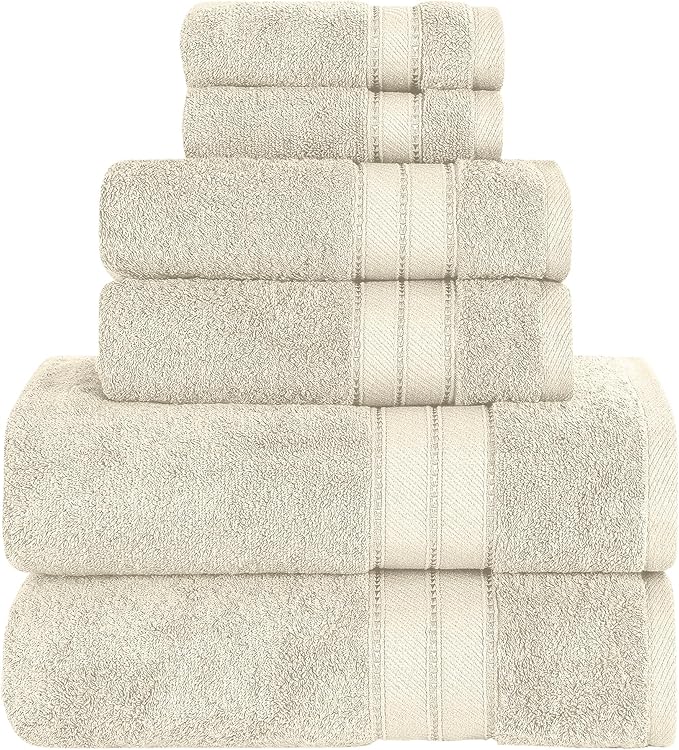 Modern Threads - Spun Loft 6-Piece 100% Combed Cotton Towel Set - Bath Towels, Hand Towels, & Washcloths - Super Absorbent & Quick Dry - 600 GSM - Soft & Plush, Sand