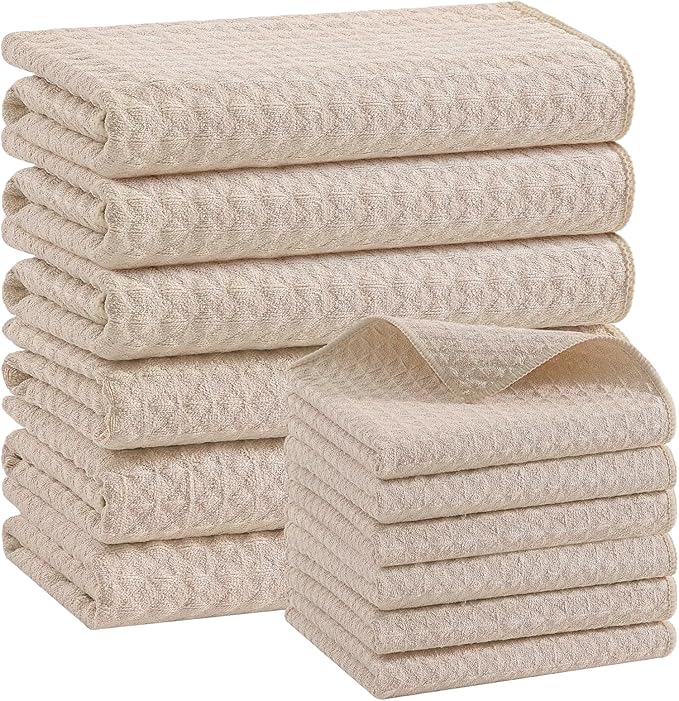 Homaxy Microfiber Waffle Weave Kitchen Towels Set, 16 x 28 Inch and 12 x 12 Inch Ultra Absorbent and Solid Color Dish Towels, 12 Pack, Beige