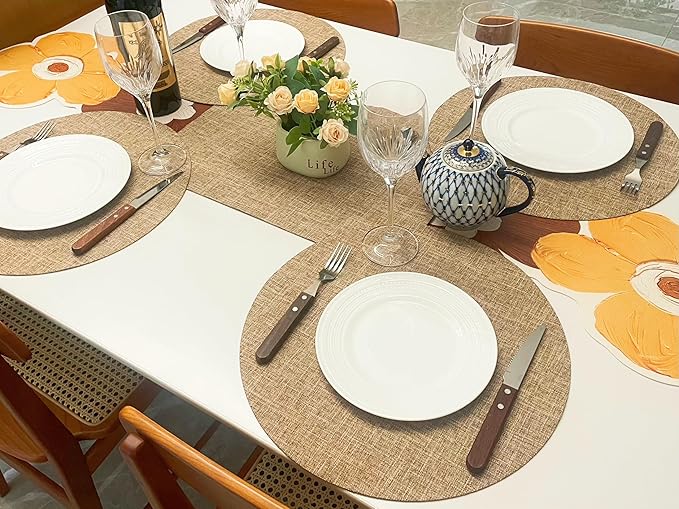 SLOW COW Round Place Mats Set of 4 Linen Placemats for Dining Table Machine Washable 15 inches Natural Linen