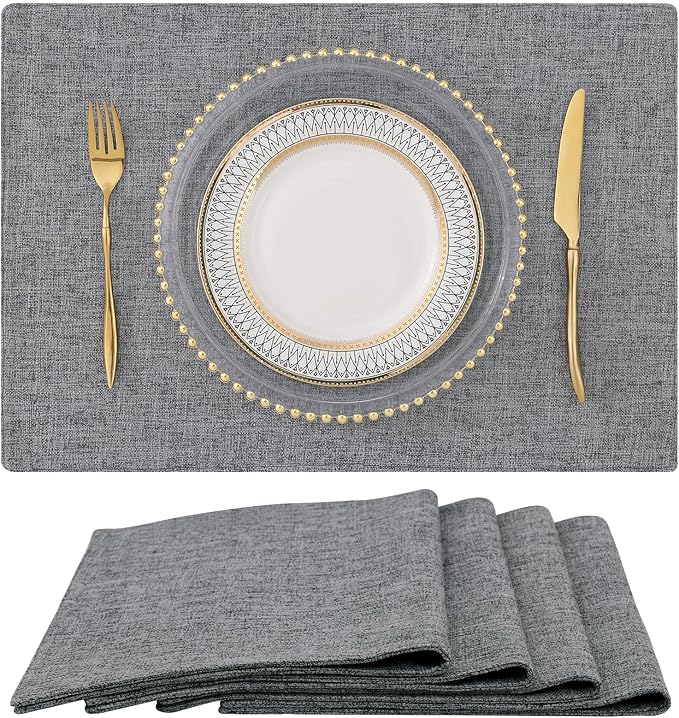 homing Cotton Linen Placemats Set of 4, Cloth Washable Farmhouse Dining Table Mats for Indoors & Outdoors, Easy to Clean, Dark Grey, 13 x 19 Inch