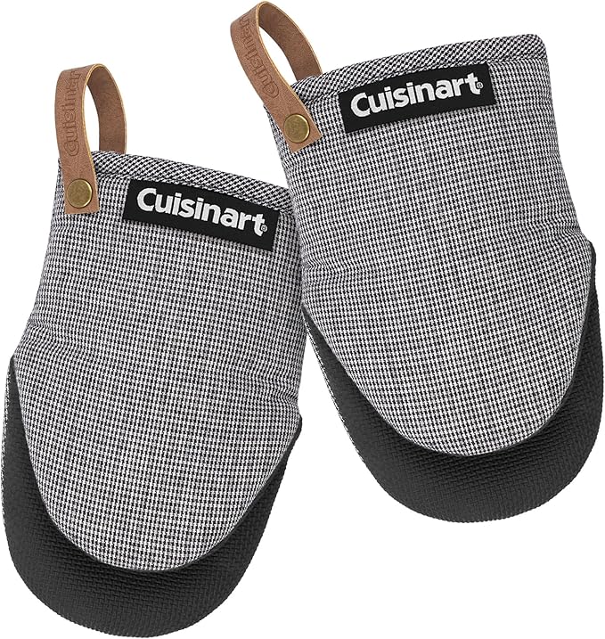 Cuisinart Heritage Mini Oven Mitts – 5.5” x 7” Heat-Resistant Kitchen Mitts for Oven with Non-Slip Neoprene Palm, Cotton Filling, and Faux Leather Loop – Durable Oven Mitt Set for Cooking & Baking
