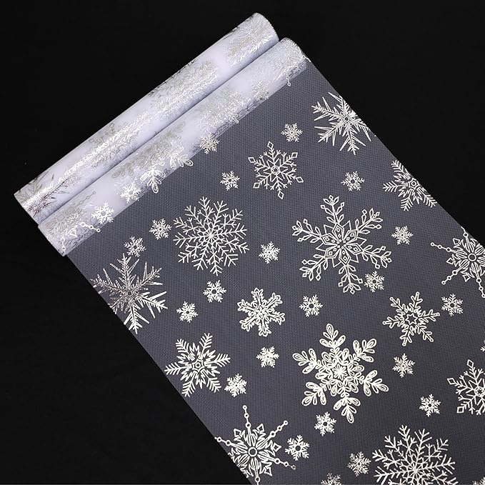 Snowkingdom 2 Pcs Christmas Snowflake Silver Table Runner, 108 Inch Sparkly Silver Glitter Metallic Foil Runners Decorations for Seasonal Winter Festival Holiday Home Party