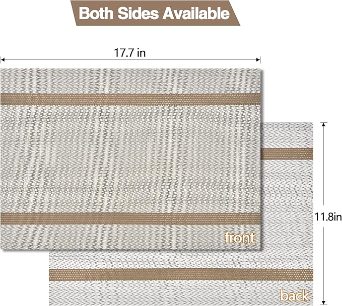 SLKQG Beige White Placemats Set of 8 - Easy Clean Modern Durable Washable Vinyl Place Mats - Heat Resistant Placemats for Kitchen Table - PVC Table Mats for Dining Table (Beige White with Stripes, 8)