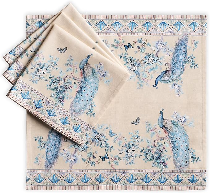 Maison d' Hermine Napkins 100% Combed Cotton Premium Set of 4 Decorative Cloth Napkin Washable Dinner Napkins for Holiday, Dinner, Wedding & Dining - Peacock Utopia - Sandy Beach (20”x20”)