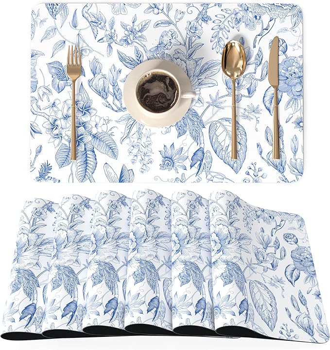 QiyI Placemats Set of 6, 12x18 Inch Faux Leather Place Mats for Kitchen Dinning, Heat Resistant Anti Slip Floral Table Mats, Waterproof Wipeable Washable Placemat Party Table Décor, Blue Flowers