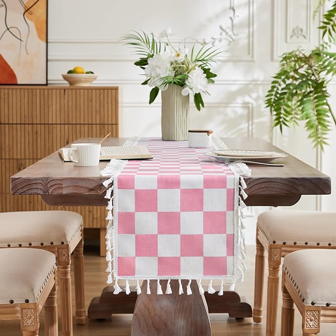 Ohocut Pink Checkered Table Runner with Tassel Farmhouse Rustic Vintage Retro Linen Table Runner 72 Long for Dinning Race Party Decoration 13''x72''