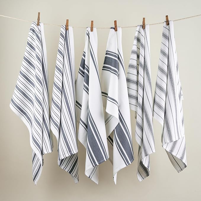 Kitchen Towels Set – Pack of 6 (20’’ x 30’’) Extra Large Premium Cotton Dish Towels for Kitchen – Absorbent – 100% Cotton – with Hanging Loop – Dark Grey Multi Design Striped