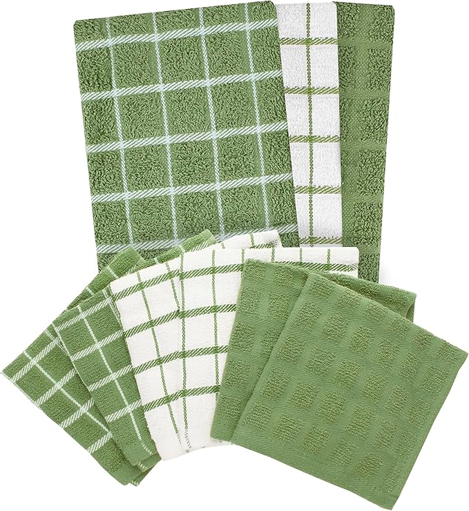 Ritz Premium 3-Pack Kitchen Towel & 6-Pack Dish Cloth Set - Highly Absorbent, Super Soft, Long-Lasting, 100% Cotton Terry Drying Cleaning Cloths, Cactus Green