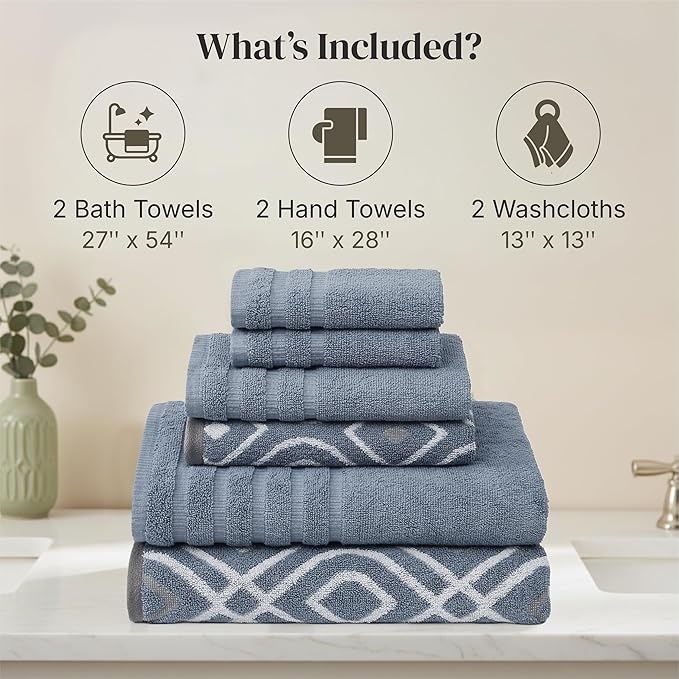 Modern Threads Classic Diamond 6-Piece 100% Cotton Towel Set – Yarn Dyed Jacquard – Includes 2 Bath Towels, 2 Hand Towels, 2 Washcloths – Absorbent, Quick Dry, Soft & Durable – Blue