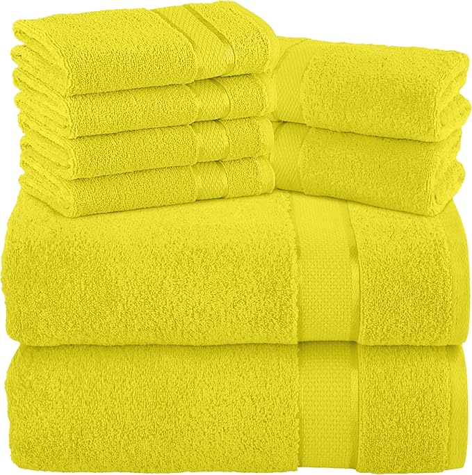 Elegant Comfort Premium Cotton 8-Piece Towel Set, Includes 4 Washcloths, 2 Hand Towels and 2 Bath Towels, 100% Turkish Cotton - Highly Absorbent and Super Soft Towels for Bathroom, Yellow