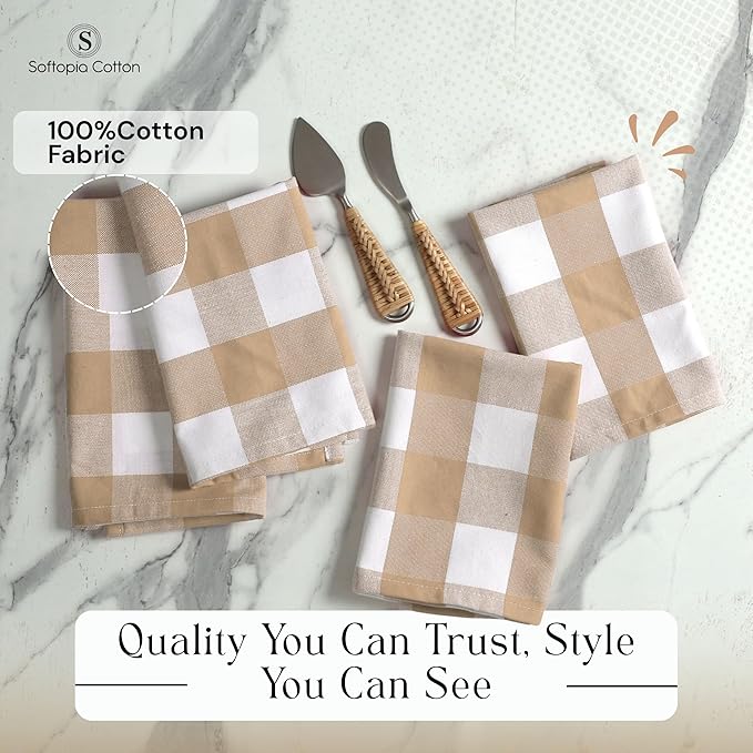 Buffalo Plaid Cloth Napkins, Set of 4, Soft, Durable, Wrinkle Free Fabric Napkins, Checked Napkins for Dinner, Wedding, Restaurant, Buffet, Party, Christmas - Beige, White (16"x16")