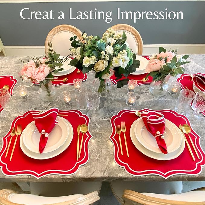 Cotton Linen Placemats Set of 4 - Double Layered, Machine Washable, Scalloped & Embroidered Cloth Table Mats - Luxury Gift for Wedding, Birthday & Mother's Day 19 x 17 inch, Red