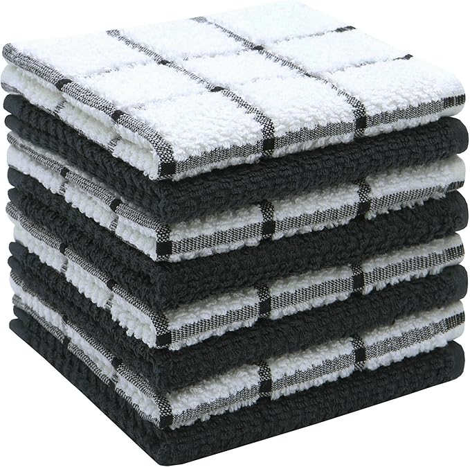 Cleaning Rags Cleaning Cloths for Cleaning House, Cotton Dish Cloths Dish Rags for Washing Dishes, Set of 8, Light and Soft Terry Kitchen Washcloths Kitchen Rags,12 Inch x 12 Inch (Black Set)