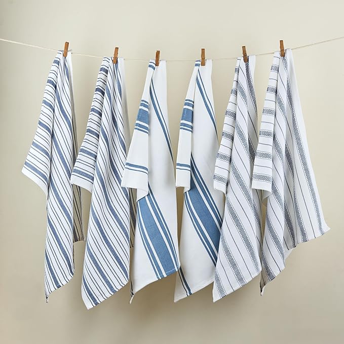 Kitchen Towels Set – Pack of 6 (20’’ x 30’’) Extra Large Premium Cotton Dish Towels for Kitchen – Absorbent – 100% Cotton – with Hanging Loop – Blue Grey Multi Design Striped