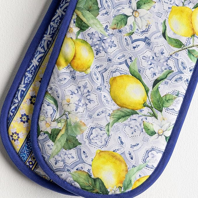 Maison d' Hermine Double Oven Mitts 100% Cotton 7"x35" Double Oven Mitt Heat Resistant BBQ Cooking Gloves with Loop Baking Grilling Gifts for Mothers Day Spring Summer (Citrus)