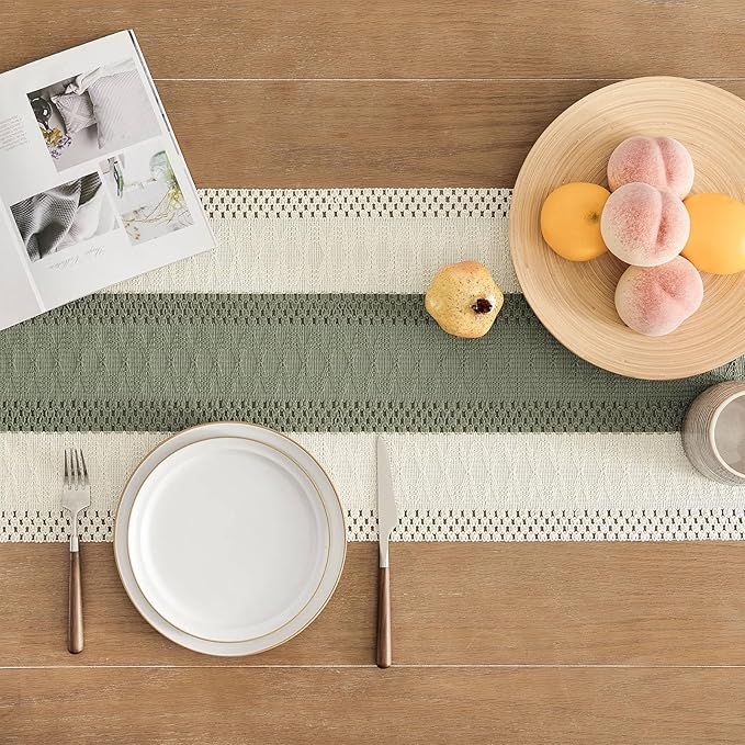 ZeeMart Macrame Style Bicolor Stitching Table Runner, 14 x 108 Inch Green/Ivory, Boho Sage Green Table Runners 108 Inches Long, Farmhouse Woven Home Decor