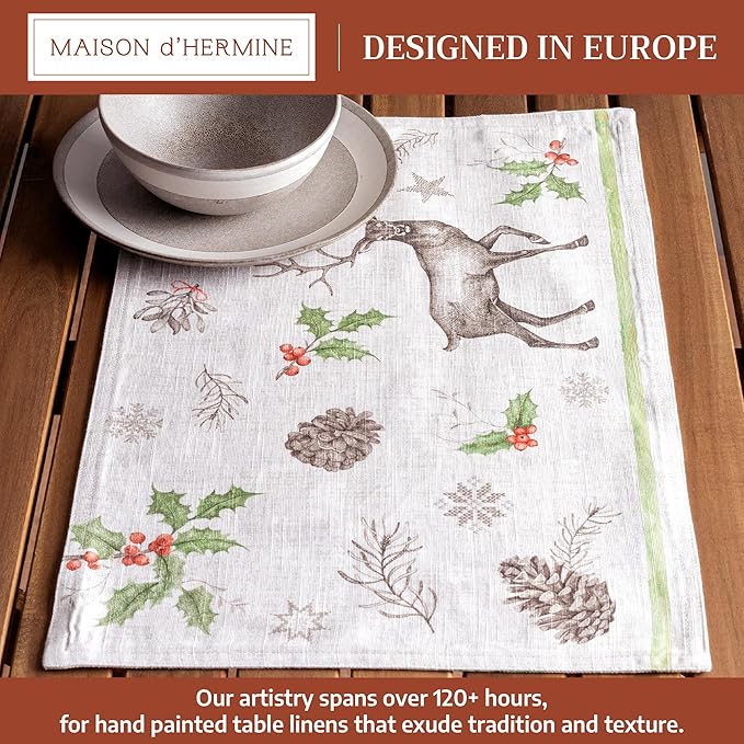 Maison d' Hermine Placemats Set of 4 100% Cotton Washable Cloth Place Mats, Reusable Table Mats for Thanksgiving Christmas Decorations Kitchen Dining Party Wedding (Christmas Dew, 13" x 19")