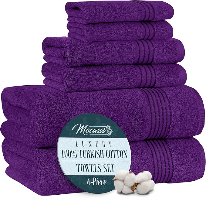 Mocassi Luxury 100% Turkish Cotton 6-Piece Towel Set - Ultra Soft, Quick Dry Highly Absorbent Premium Spa Hotel Quality Bath Towels, Includes 2 Bath Towels, 2 Hand Towels and 2 Washcloths, Purple