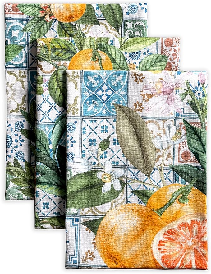 Maison d' Hermine Kitchen Towels Set of 3 100% Cotton 27.50" x 20" Reusable Cloth Tea Dish Towels Absorbent with Hanging Loop for Kitchen Gifts for Mothers Day Spring/Summer (Agrume)