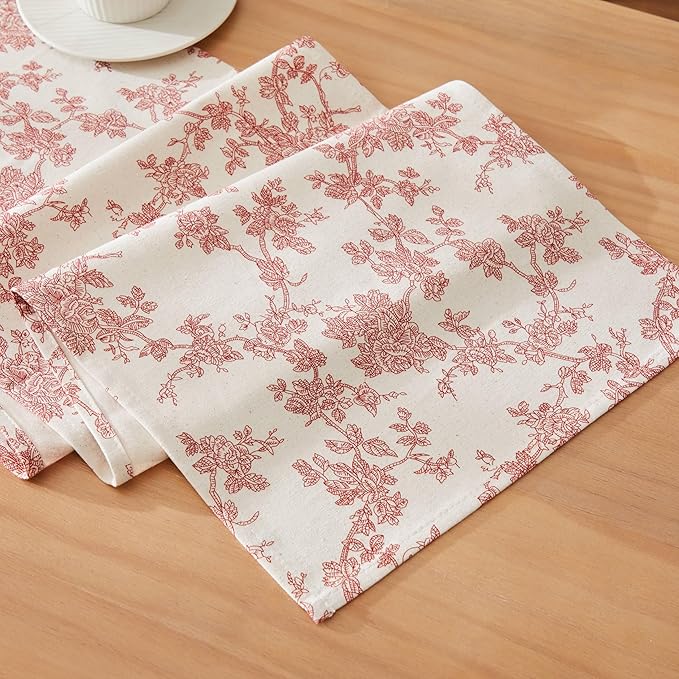 100% Cotton French Pastoral Table Runners, 13x60 Inch red Farmhouse Table Runners 60 Inches Long, Vintage Flowers Print Home Decors