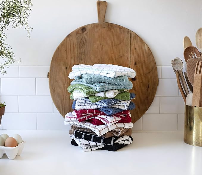 Ritz Premium 100% Cotton Terry Check Kitchen Dish Towels - Highly Absorbent, Super Soft, Long-Lasting, 25"x15", 3-Pack, Dew