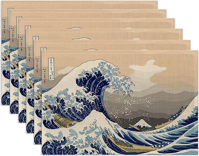 Japanese Style Waves Placemats Set of 6,Washable Heat Resistant 12×18 Inch Linen Table Mats,Place Mats for Party Outdoor Dining Décor