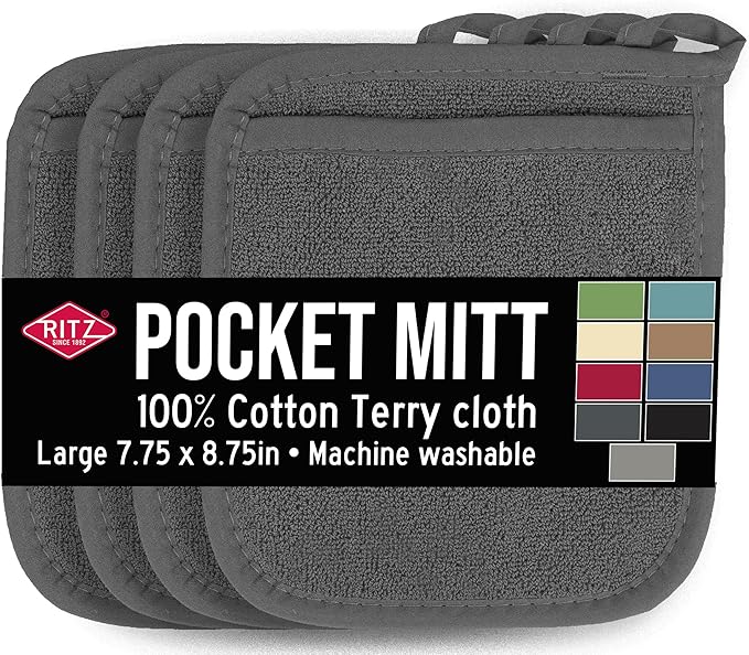 RITZ Terry Pocket Mitt & Hot Pad: Unparalleled Heat Resistant, Durable 100% Cotton – Ergonomically Designed for Optimal Grip – Easy-Care Machine Washable – 4-Pack, Graphite