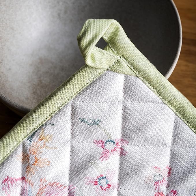 Maison d' Hermine 100% Cotton Oven Mitt & Pot Holder Set (7.5"x13" & 8"x8") Heat Resistant Cooking Gloves with Loop Baking Grilling Kitchen Gifts for Mothers Day Spring/Summer (Paradise Island)