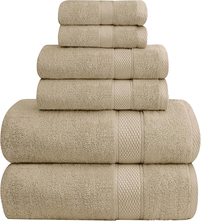 Oakias Premium Towel Set 600 GSM 6 Piece Beige - 100% Ring Spun Cotton Highly Absorbent Towels Set - Super Soft Bathroom Towel Set - Hotel Quality Double Stitched Hem - Ideal for Hotels, Spa, Gyms