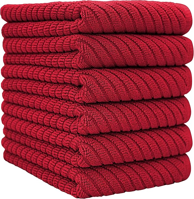Premium Kitchen Towels (16”x 25”, 6 Pack) | Large Cotton Kitchen Hand Towels | Dish Towels | Diagonal Weave Design | 445 GSM Highly Absorbent Tea Towels Set with Hanging Loop | Red