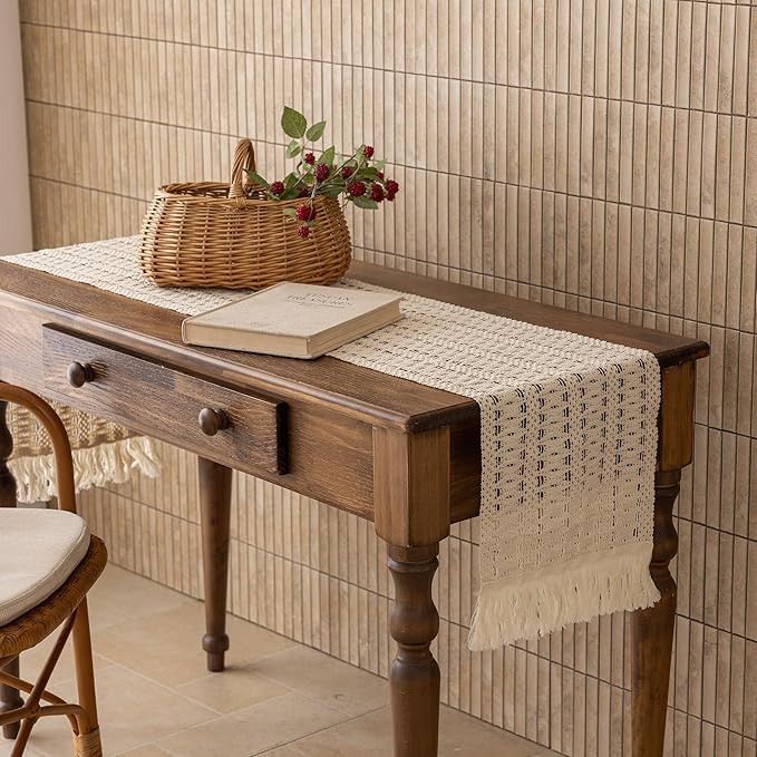 Keketoarrange Spring Boho Table Runner White for Home Decor 12x60 Inches Farmhouse Small Macrame Woven Burlap Jute Rustic Coffee Table Runner Dresser Scarf Dining Kitchen Centerpiece Bohemian Decor