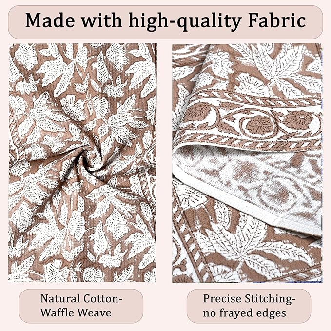 Ridhi Oak Brown Hand Block Print Waffle Kitchen Towel Set of 3-16 x28 Ultra Absorbent Quick Dry 100% Cotton Dish Towels Lightweight Reusable Sustainable Tea Towels for Cleaning and Drying