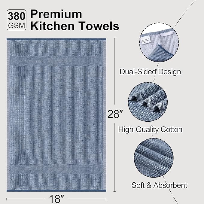 Mordimy Premium Kitchen Towels 8 Pack (18 x 28 Inches, Navy Blue), Large Cotton Kitchen Hand Towel, Flat & Terry Dish Towels for Drying Dishes, Super Absorbent Tea Dishtowels Set with Hanging Loop