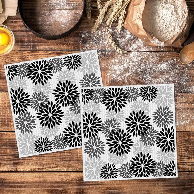 Artoid Mode Black Dahlia Floral Kitchen Dish Cloths, 12x12 Inch Quick Dry Microfiber Dishcloths for Kitchen Premium Dish Rags Set of 2
