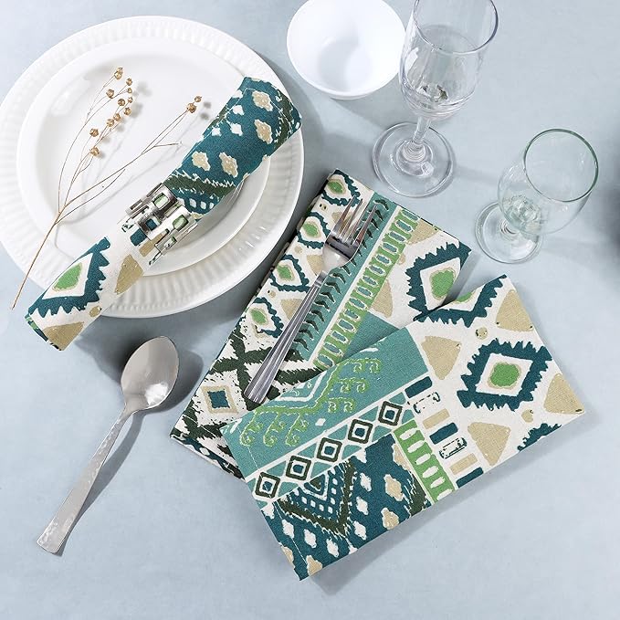 FINGERCRAFT Cloth Napkins, Set of 12 Cotton Linen Blend Printed Dinner Napkins Cloth Mitered Corner Perfect for Parties Dinners Weddings Cocktail Christmas Easter 20x20 Free Spirit