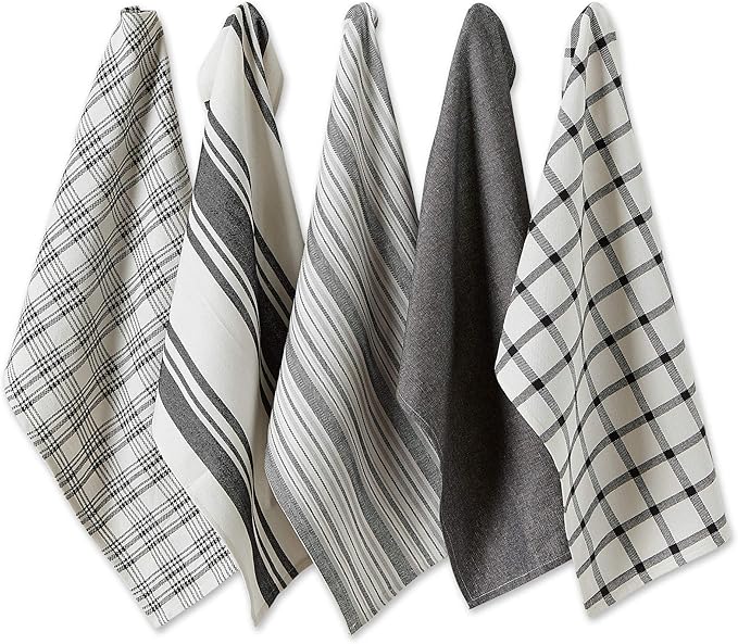 DII Assorted Woven, Kitchen Dishtowel Set, 18x28, Black, 5 Piece