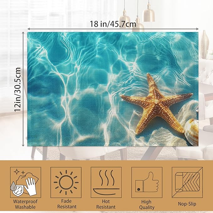 Placemats Set of 6,Starfish Shells Table Mats,Sea Beach Washable Linen Table Mats,Non-Slip Heat Resistant Placemats for Party Kitchen Dining Indoor Outdoor 12"x18"