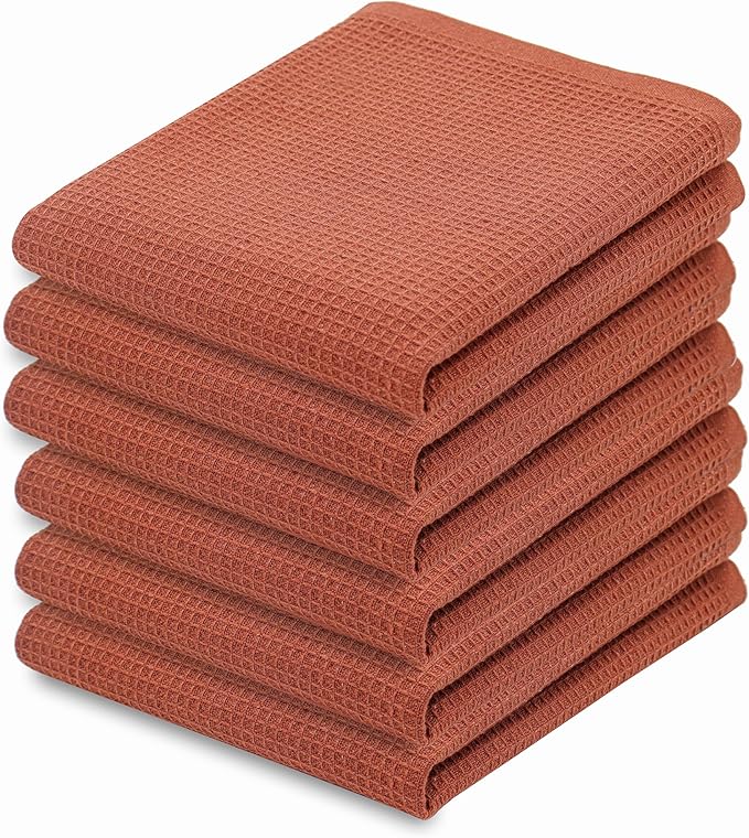 PurpleEssences Rust Waffle Weave Kitchen Towel, 100% Cotton - 15x25 Inches with Hanging Loop, Ultra Soft Absorbent Quick Drying Dish Cloth, Tea and Hand Towels, 6 Pack - Spring Easter Summer - Rust