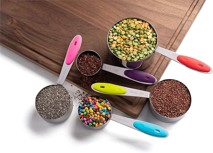 Bellemain Stainless Steel Measuring Cups Set of 5 – Nesting Metal Measuring Cups for Kitchen – Dry & Liquid Measurements (ML & OZ), Dishwasher Safe, Ergonomic Design with Colored Handles
