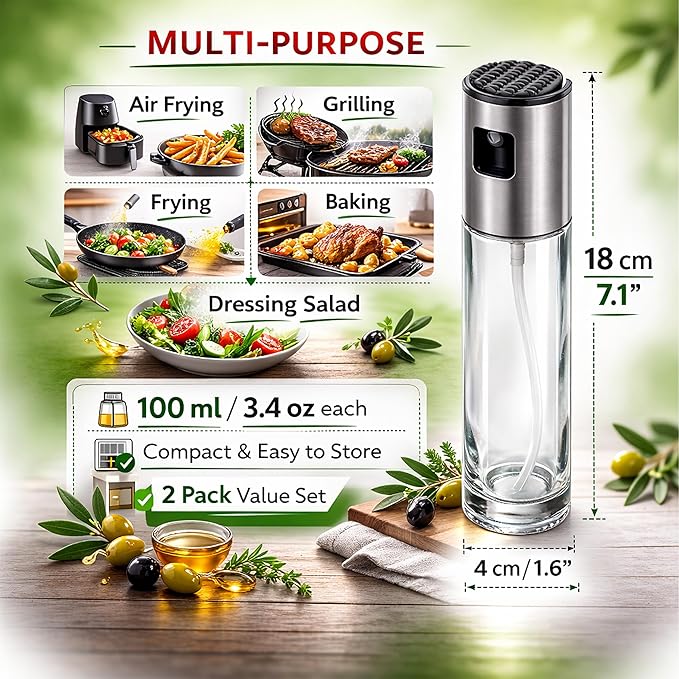 Oil Sprayer Bottle 2 Pack 100ml, Glass Olive Oil Mister with Stainless Steel Head, Fine Mist Cooking Spray for Air Fryer, Salad, Grilling & Baking