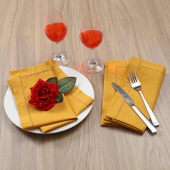 Lightnpro Decorative Cloth Dinner Napkins with Hemstitched, Wedding, Cocktail & Party Napkins, Mitered Corners, Machine Washable, 12 Elegant Table Napkins for Special Occasions - 18x18 Inch Mustard
